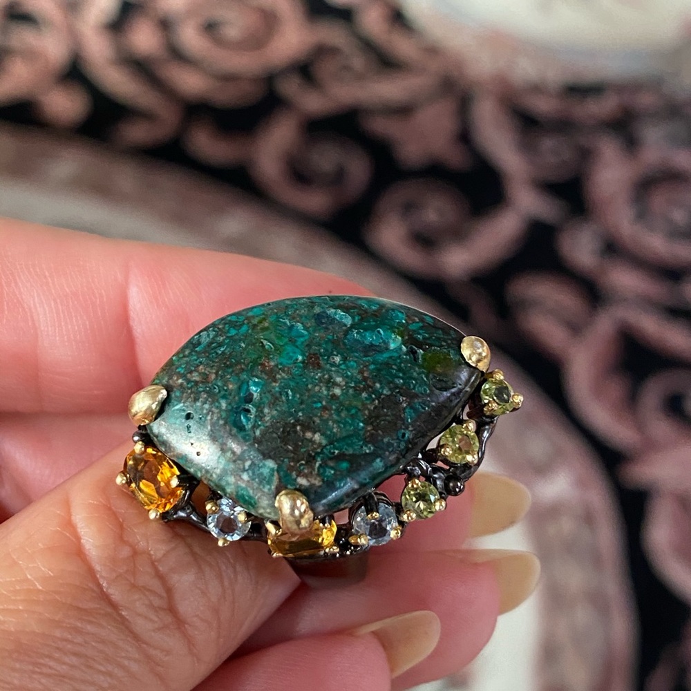 Mysterious Genuine Turquoise Ring with Gemstones - Picture 6 of 17